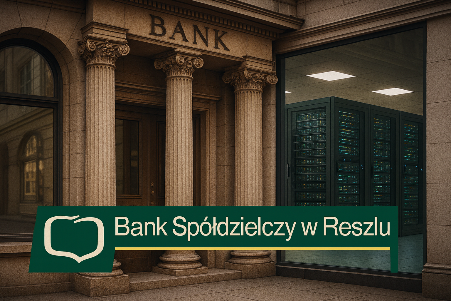 Budynek banku z kolumnami i widoczną serwerownią, logo BS w Reszlu
