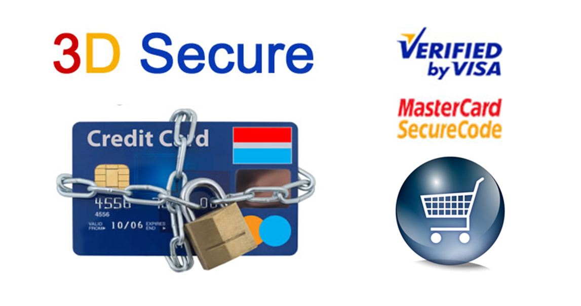 karta płatnicza z zapiętym na niej łańcuchem na kłódkę z napisem 3d secure