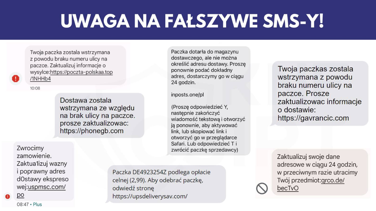 Przykłady fałszywych SMS-ów wyłudzających dane i ostrzeżenie przed nimi