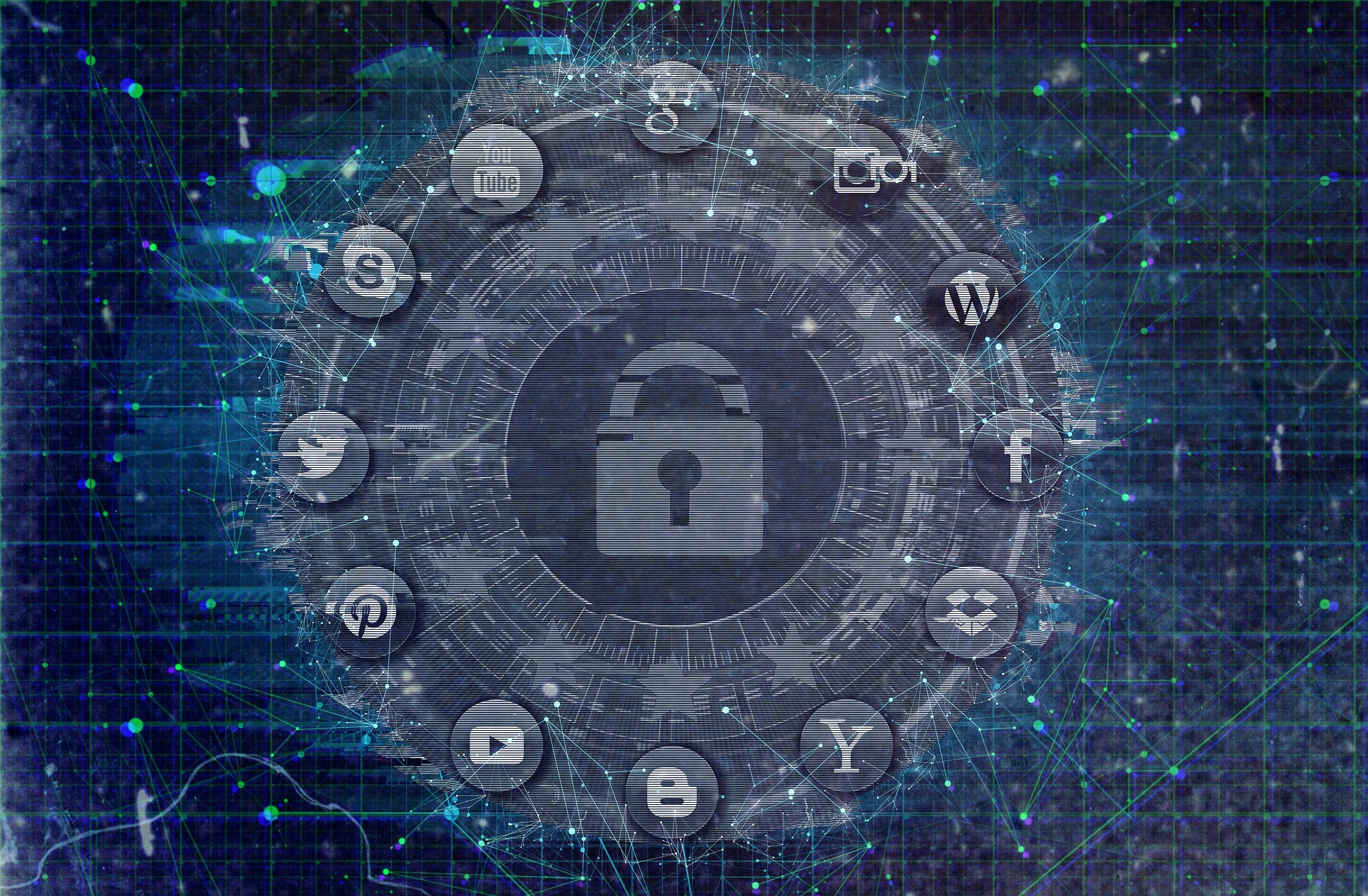 Grafika przedstawiająca kolisty mechanizm zamka z kłódką i okalające go symbole serwisów internetowych na tle kosmosu